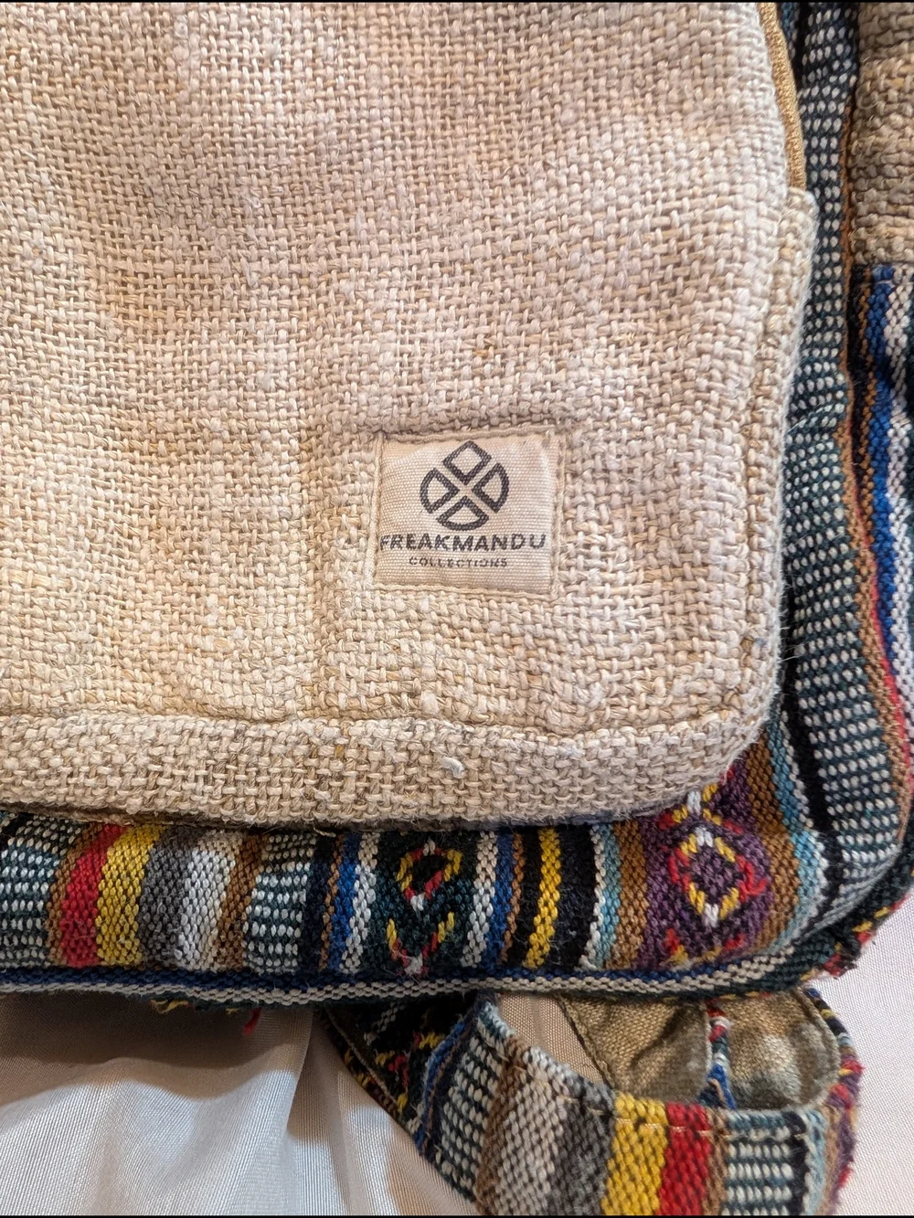 Boho Natural Beige & Multicolor Woven Hemp Backpack by Freak Mandu